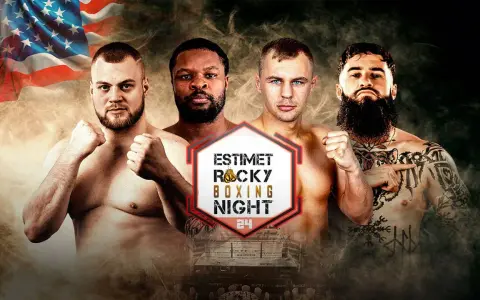 Czterech bokserów gotowych do walki na "Estimet Rocky Boxing Night". W tle amerykańska flaga i dym.