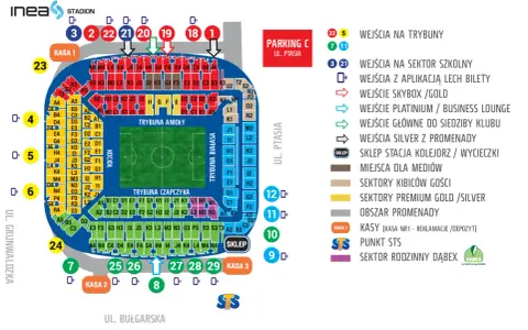 Schemat stadionu Lecha Poznań z lokalizacją kas i wejść. Sprawdź cennik biletów i planuj wizytę!