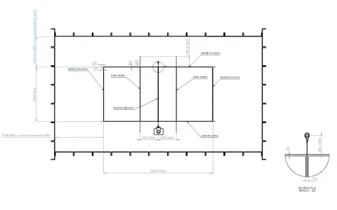 Plan boiska do siatkówki z zaznaczonymi liniami ataku, środkową i bocznymi. Wymiary zgodne z FIVB.