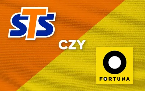 STS czy Fortuna? Dwa loga, pomarańczowo-żółte tło.
