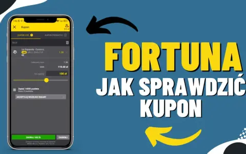 Aplikacja mobilna Fortuna pokazuje, jak sprawdzić kupon. Widoczny jest kupon z kursem 1.36 i kwotą do zapłaty 100 zł.
