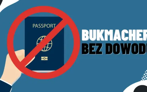 Dłoń trzyma paszport przekreślony na czerwono. Napis "BUKMACHER BEZ DOWODU" informuje o zakazie.