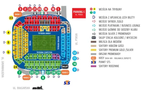Schemat stadionu Legii Warszawa. Znajdź ceny biletów na mecz, lokalizację kas i wejść.