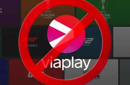 Zakazany znak przekreśla logo Viaplay. W tle widać kafelki z logotypami sportowymi, m.in. Formula 1 i Europa League, sugerujące ofertę Viaplay Sport.