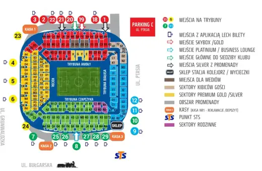 Schemat stadionu Legii Warszawa. Znajdź ceny biletów na mecz, lokalizację kas i wejść.