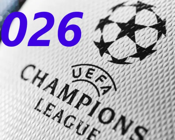 Zbliża się rok 2026, czas na emocjonujące półfinały Ligi Mistrzów! Widok na piłkę z logo UEFA Champions League.