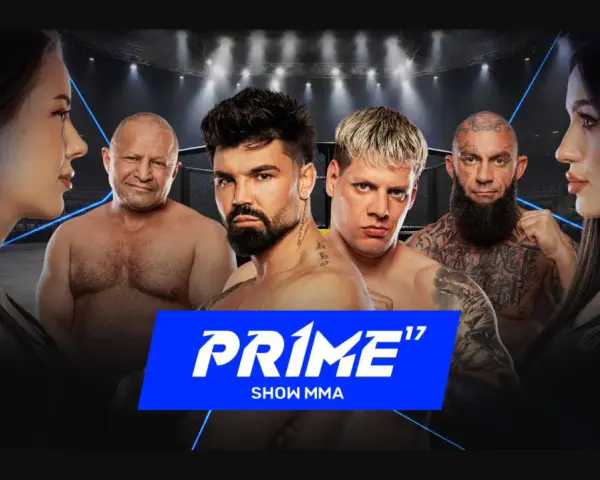Gala PRIME Show MMA: czterech zawodników MMA i dwie kobiety na tle klatki.