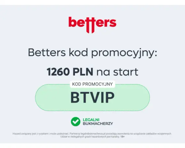 Betters kod promocyjny BTVIP daje 1260 PLN na start. Zdobądź bonus i zacznij grę!