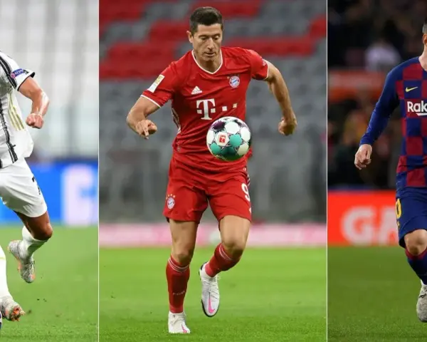 Trzej kandydaci do tytułu piłkarz roku FIFA: Cristiano Ronaldo, Robert Lewandowski i Leo Messi w akcji na boisku.
