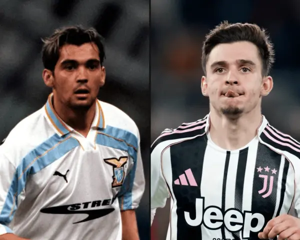 Dwóch piłkarzy: młody Sérgio Conceição w koszulce Lazio i Vlahović w stroju Juventusu.