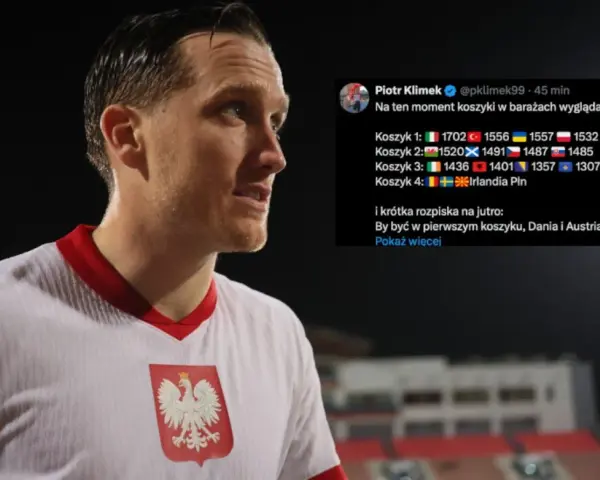 Piłkarz w koszulce z orłem na piersi, obok wpis o koszykach w barażach, kiedy mecze reprezentacji Polski w piłce nożnej.