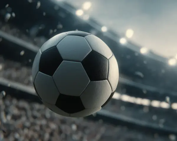 Piłka nożna w locie nad trybunami stadionu. Idealny rozmiar piłki nożnej dla 8 latka to rozmiar 4.