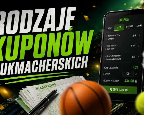 Na ekranie telefonu widać kupon bukmacherski z zakładami typu **ako**. Obok piłka nożna, koszykówka i tenis.