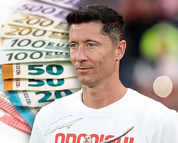 Robert Lewandowski na tle stosu banknotów euro.