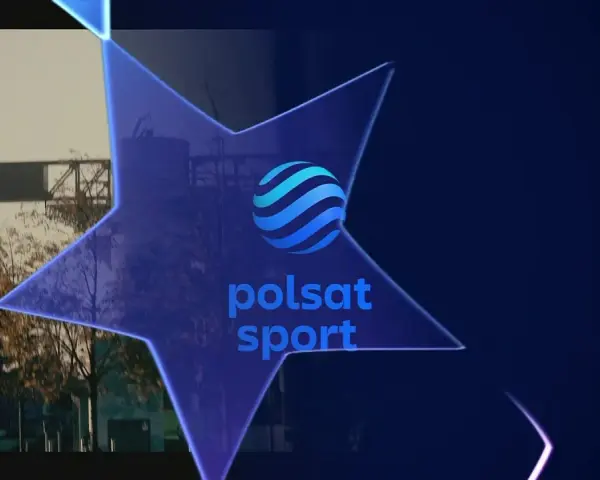 Gwiazda z logo Polsat Sport, zapowiadająca transmisje sportowe, być może z Ligi Mistrzów, którą można oglądać na kanałach Polsat Sport.