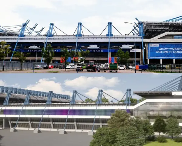Stary stadion Wisły Kraków, obecnie nowoczesny obiekt sportowy. Górne zdjęcie pokazuje obecny wygląd, dolne wizualizację.