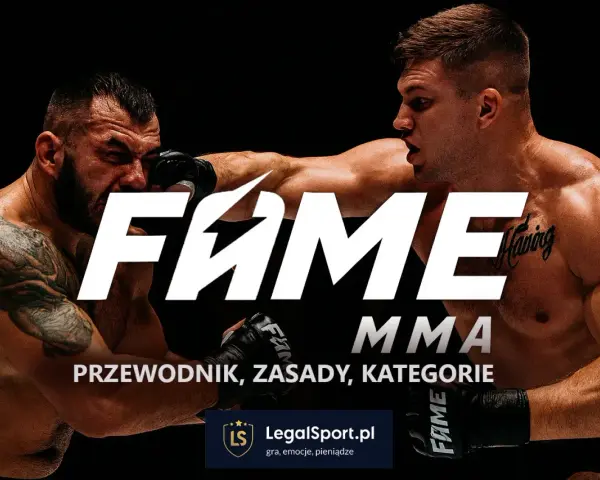 Dwóch zawodników w akcji podczas walki FAME MMA. Na pierwszym planie logo FAME MMA i tekst "Przewodnik, zasady, kategorie".