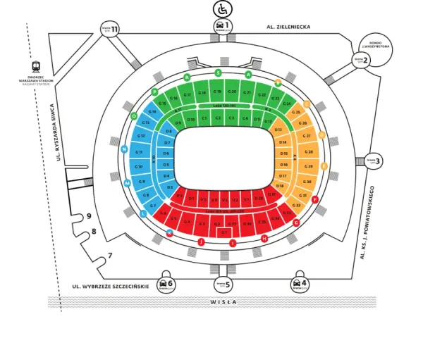 Najgorsze miejsca na Stadionie Narodowym? Te czerwone sektory G1-G7 i G33-G37, blisko murawy, mogą być gorące, ale też zasłonięte.