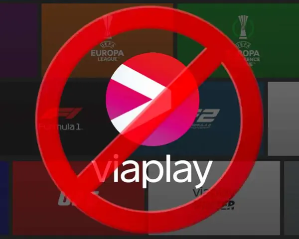 Zakazany znak przekreśla logo Viaplay. W tle widać kafelki z logotypami sportowymi, m.in. Formula 1 i Europa League, sugerujące ofertę Viaplay Sport.