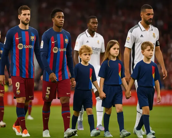 Dzieci wyprowadzają piłkarzy na boisko. Mali kibice towarzyszą zawodnikom FC Barcelony i Realu Madryt, tworząc wyjątkową atmosferę przed meczem.