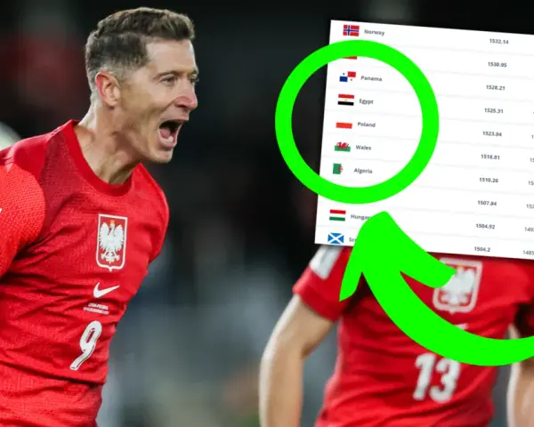 Robert Lewandowski w koszulce reprezentacji Polski na tle rankingu FIFA. Widać, ile jest reprezentacji w piłce nożnej, w tym Polskę.