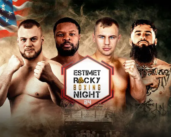 Czterech bokserów gotowych do walki na "Estimet Rocky Boxing Night". W tle amerykańska flaga i dym.