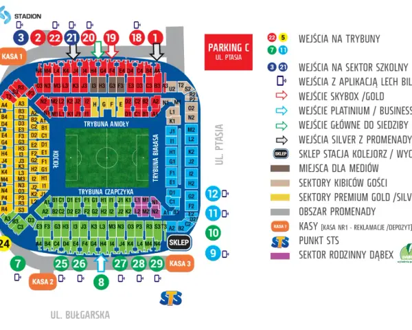 Schemat stadionu Lecha Poznań z lokalizacją kas i wejść. Sprawdź cennik biletów i planuj wizytę!