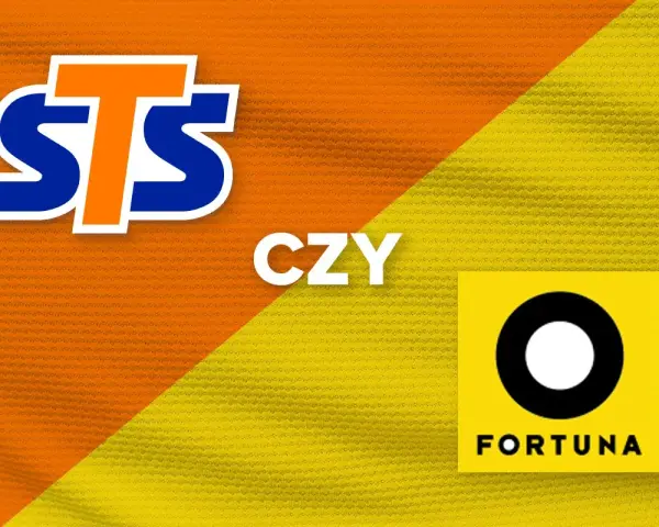 STS czy Fortuna? Dwa loga, pomarańczowo-żółte tło.