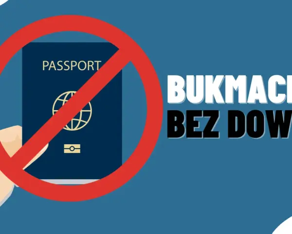 Dłoń trzyma paszport przekreślony na czerwono. Napis "BUKMACHER BEZ DOWODU" informuje o zakazie.