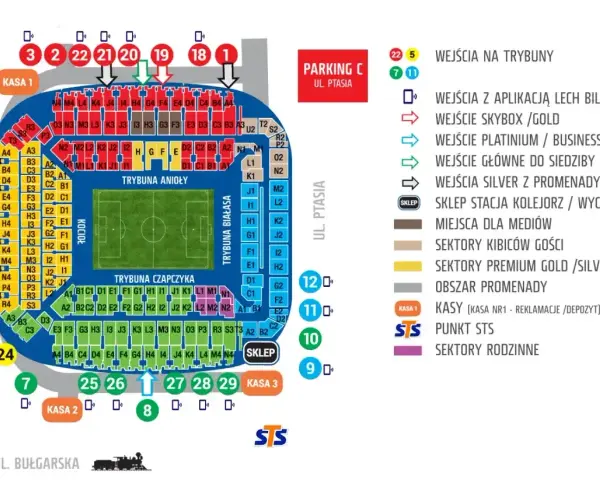 Schemat stadionu Legii Warszawa. Znajdź ceny biletów na mecz, lokalizację kas i wejść.