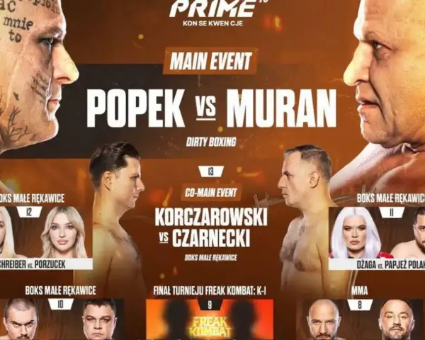 Plakat zapowiadający Prime MMA: Popek vs Muran, Korczarowski vs Czarnecki i inne walki. Wyniki walk Prime MMA już wkrótce!