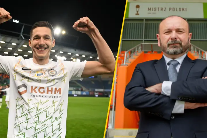 Piłkarz świętuje sukces, a obok niego prezes klubu, który może być liderem ekstraklasy.