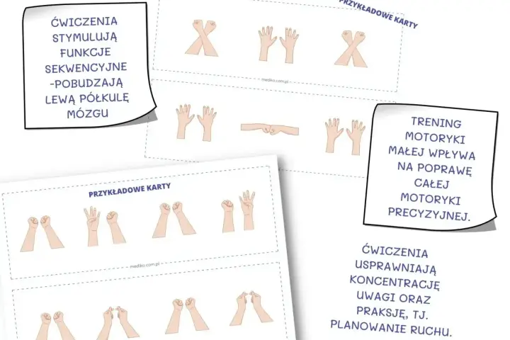 Ćwiczenia usprawniające motorykę małą i precyzję, wspierające trening motoryczny dla dzieci. Karty z sekwencjami ruchów dłoni.