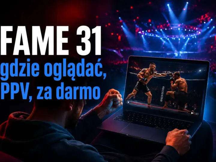 FAME 31: dowiedz się, gdzie oglądać galę PPV, nawet za darmo. Laptop pokazuje walkę MMA na tle areny.