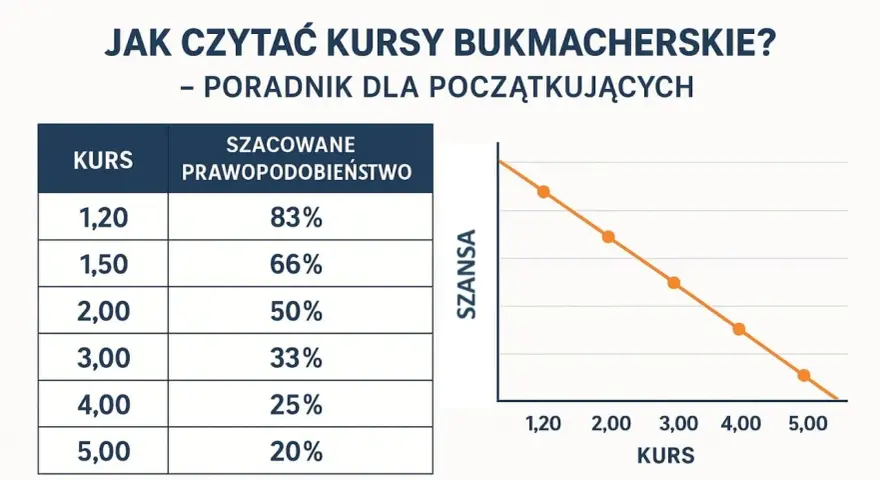 Tabela i wykres wyjaśniają, co to jest bukmacher i jak czytać kursy bukmacherskie. Pokazują zależność między kursem a szacowanym prawdopodobieństwem.