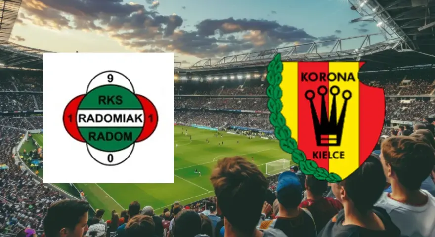 Emblematy Radomiaka Radom i Korony Kielce na tle stadionu. Wynik meczu 1:1.