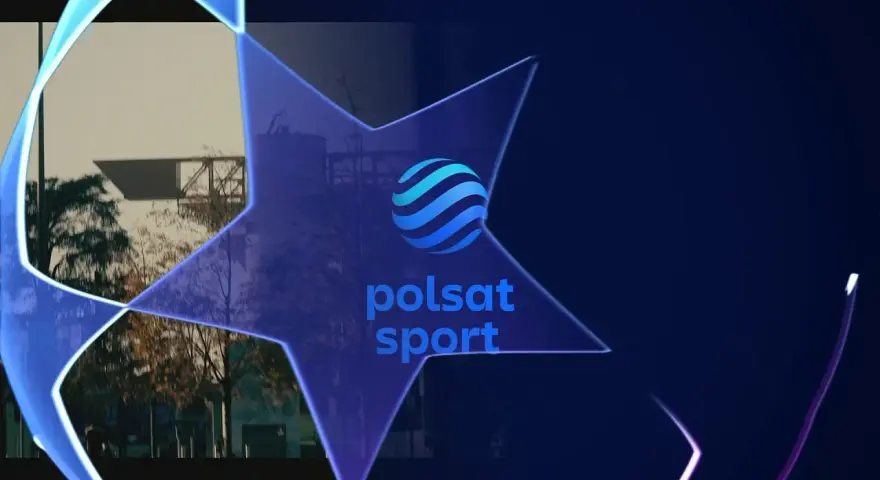 Gwiazda z logo Polsat Sport, zapowiadająca transmisje sportowe, być może z Ligi Mistrzów, którą można oglądać na kanałach Polsat Sport.