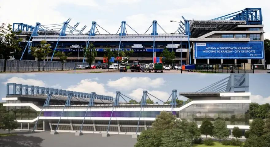 Stary stadion Wisły Kraków, obecnie nowoczesny obiekt sportowy. Górne zdjęcie pokazuje obecny wygląd, dolne wizualizację.