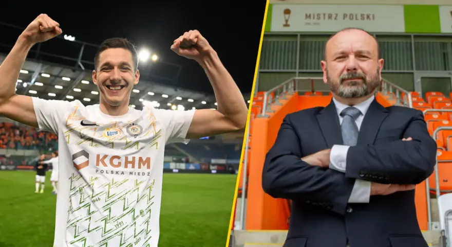 Piłkarz świętuje sukces, a obok niego prezes klubu, który może być liderem ekstraklasy.