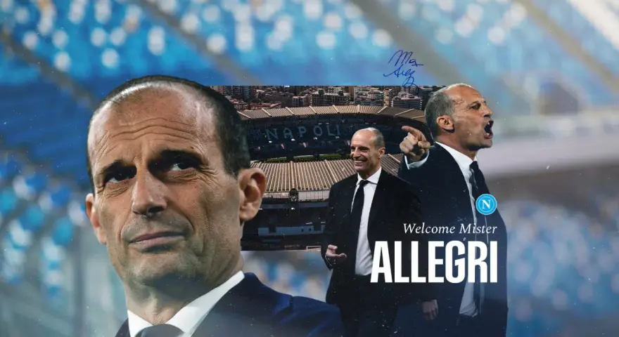 Max Allegri, nowy trener Napoli, w garniturze na tle stadionu.