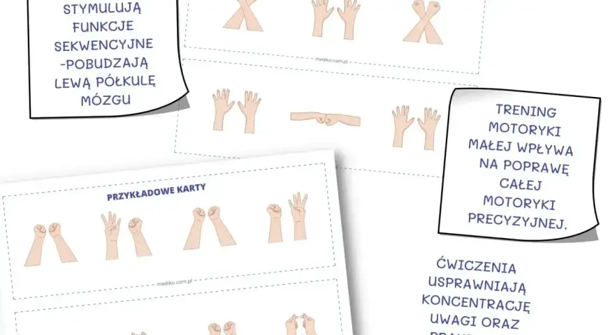 Ćwiczenia usprawniające motorykę małą i precyzję, wspierające trening motoryczny dla dzieci. Karty z sekwencjami ruchów dłoni.
