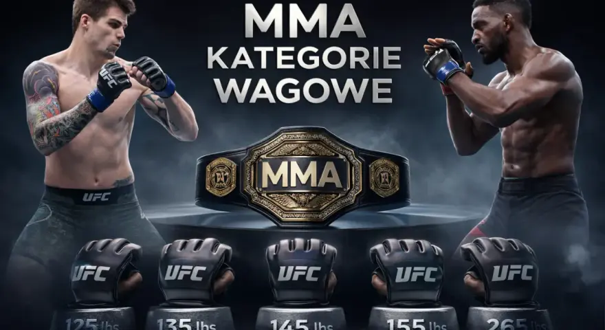 Dwóch zawodników MMA w pozycji bojowej, pas mistrzowski UFC i rękawice z wagami kategorii: waga musza UFC i inne.