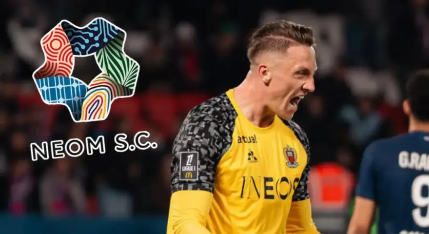 Marcin Bułka w barwach OGC Nice, z logo NEOM S.C. na koszulce. Jego zarobki w klubie budzą zainteresowanie.