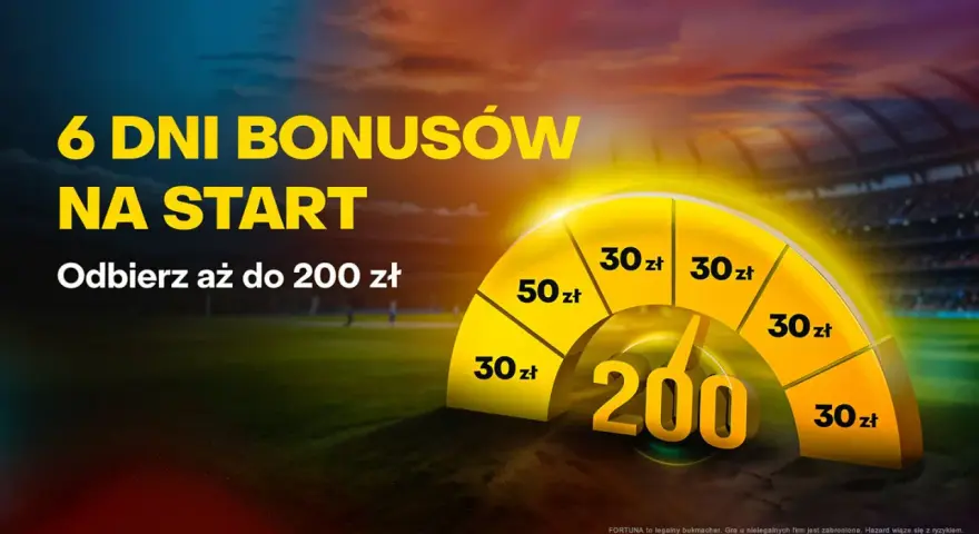 6 dni bonusów na start, odbierz do 200 zł. Dowiedz się, jak zacząć obstawiać mecze i zgarnij bonusy!