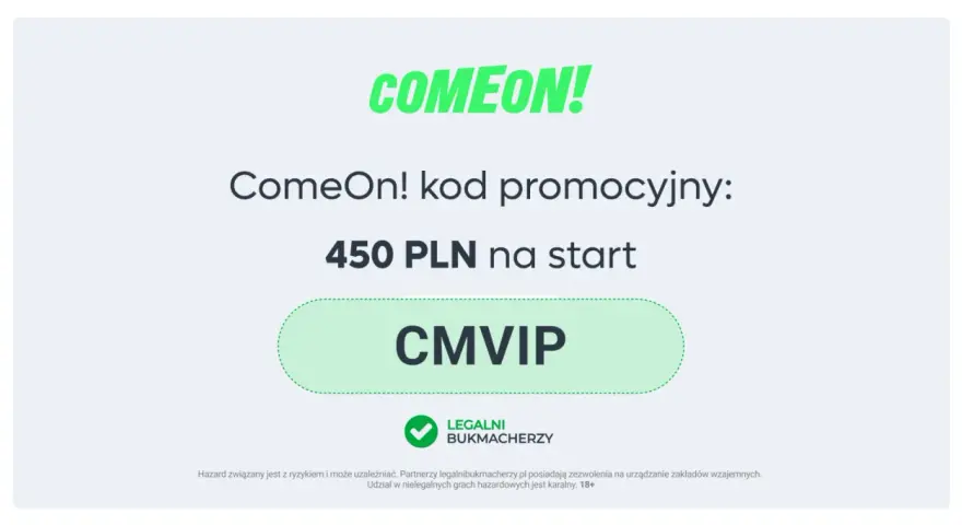 ComeOn! kod bonusowy: 450 PLN na start z kodem CMVIP. Zdobądź bonus i zacznij grę!