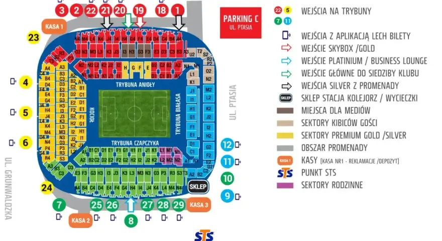 Schemat stadionu Legii Warszawa. Znajdź ceny biletów na mecz, lokalizację kas i wejść.