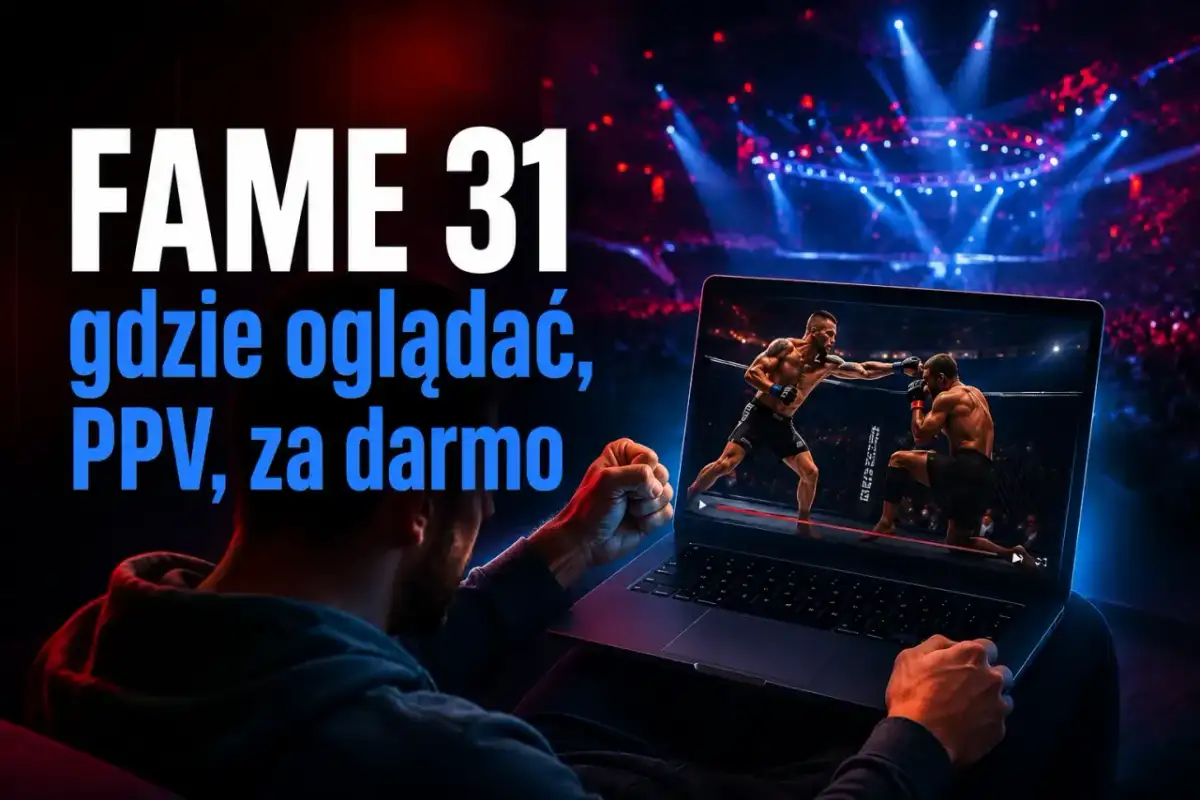FAME 31: dowiedz się, gdzie oglądać galę PPV, nawet za darmo. Laptop pokazuje walkę MMA na tle areny.