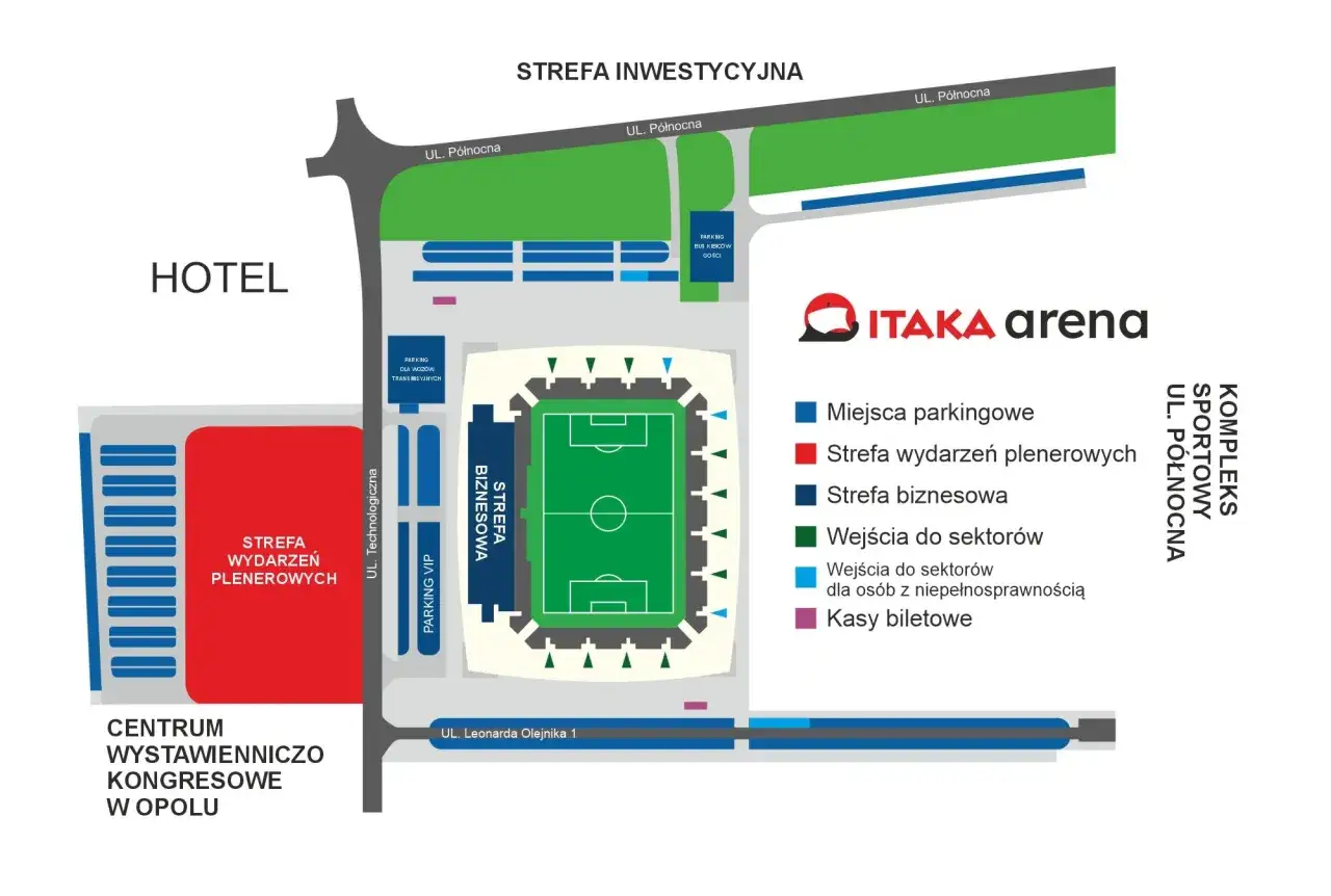 Plan stadionu Odra Opole: ITAKA arena z podziałem na strefy: parkingową, wydarzeń plenerowych, biznesową, wejścia do sektorów i kasy biletowe.