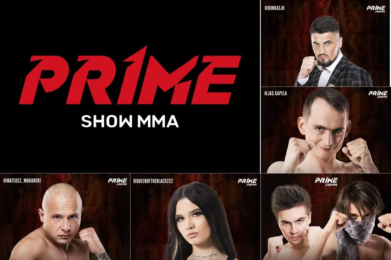 Kolaż z wizerunkami zawodników PRIME SHOW MMA: Don Kasjo, Jas Kapela, Mateusz Murański, Queen of the Black i dwaj nieznani zawodnicy.