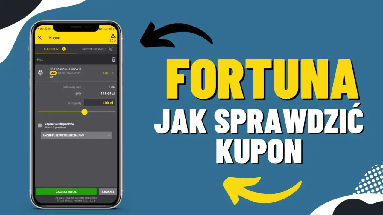 Aplikacja Fortuna pokazuje kupon z kursem 1.36 i kwotą do zapłaty 100 zł. Dowiedz się, jak sprawdzić kupon Fortuna.